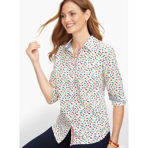 Talbots Womens S Petite White Multi Ditsy Hearts Valentines Classic Cotton Shirt